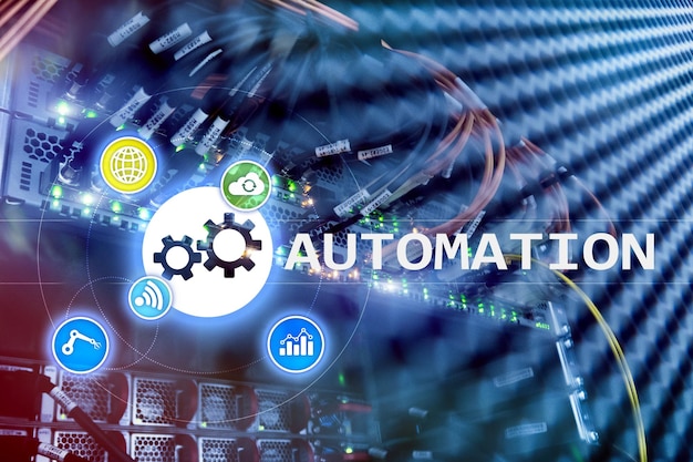 Automazione del business Processo e innovazione tecnologica nella produzione Internet e concetto tecnologico sullo sfondo della sala server