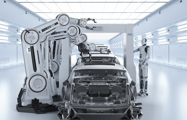 Automazione fabbrica di automobili con linea di assemblaggio di robot in fabbrica di automobili