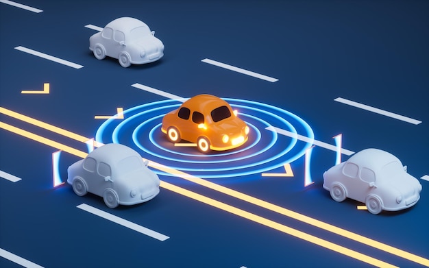 Automobile autonoma a guida autonoma che si sposta attraverso l'autostrada Autopilota e sistemi di rilevamento rendering 3d