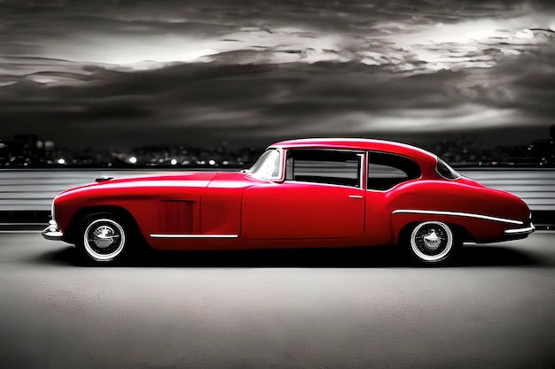 Automobile classica rossa su sfondo bianco e nero