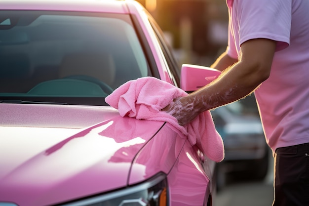 Automobile di lavaggio dell'operaio con spugna sull'autolavaggio