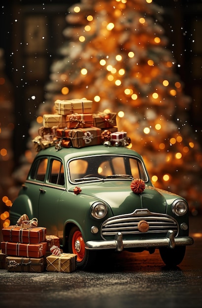 Automobile di Natale decorata vicino all'albero di Natale Concetto di vacanza di Natale e Capodanno Copyspace