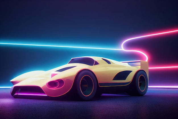 Automobile futuristica dell'onda del sintetizzatore dell'onda retrò Automobile sportiva retrò con contorni della retroilluminazione al neon