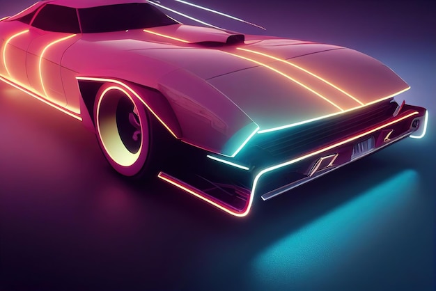 Automobile futuristica dell'onda del sintetizzatore dell'onda retrò Automobile sportiva retrò con contorni della retroilluminazione al neon