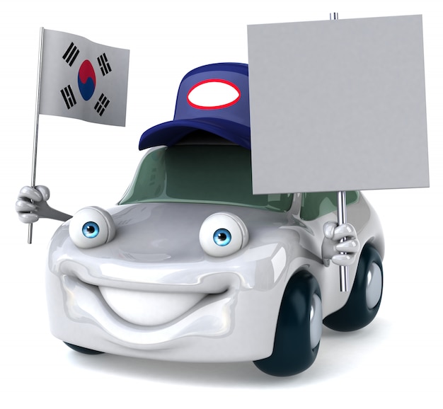 Automobile illustrata divertente che tiene la bandiera della Corea del Sud e del cartello in bianco
