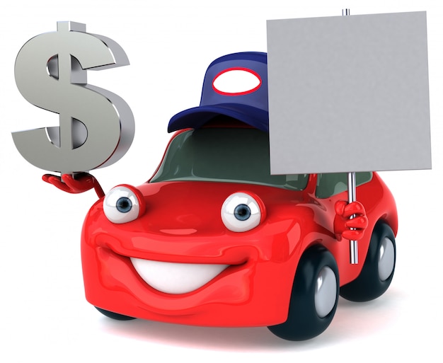 Automobile illustrata divertente che tiene simbolo di dollaro e un cartello