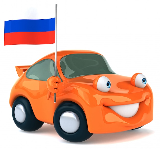 Automobile illustrata divertimento che tiene la bandiera della Russia