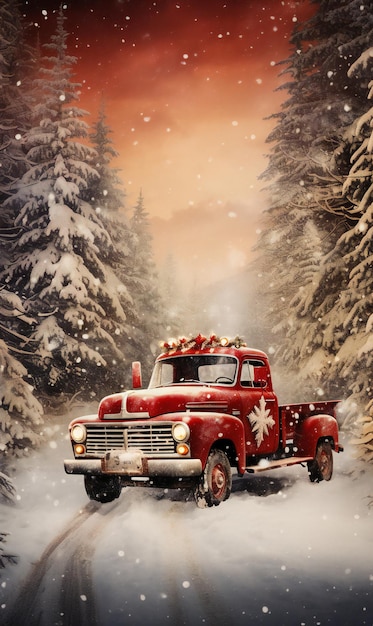 Automobile rossa d'epoca con un albero di Natale nella foresta invernale