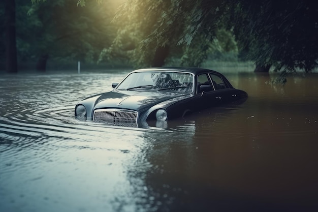 Automobile sommersa in acqua di inondazione Concetto di assicurazione auto