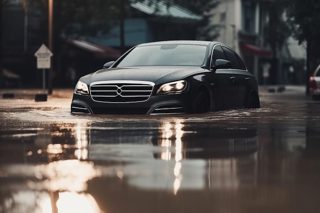 Automobile sommersa nell'acqua di inondazione concetto di assicurazione auto generativo ai