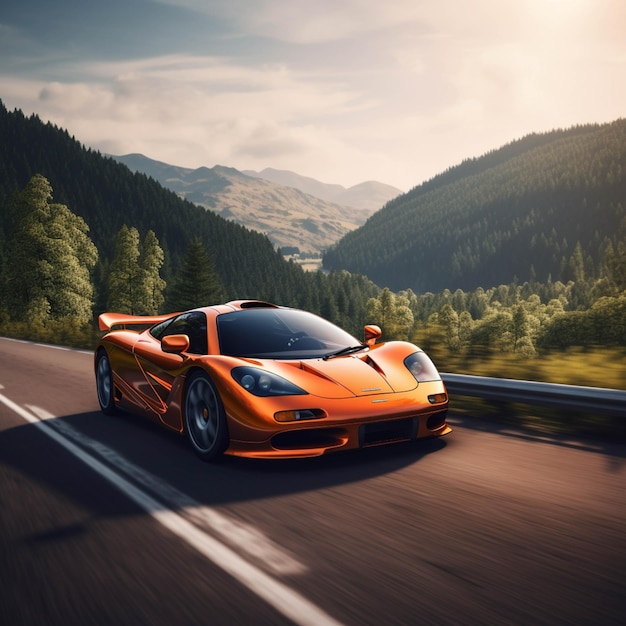 Automobile sportiva arancione Arafed che guida su una strada con le montagne sullo sfondo generativo ai