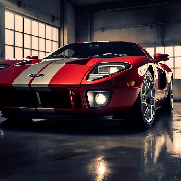 Automobile sportiva rossa classica nell'immagine di rendering 3d del garage