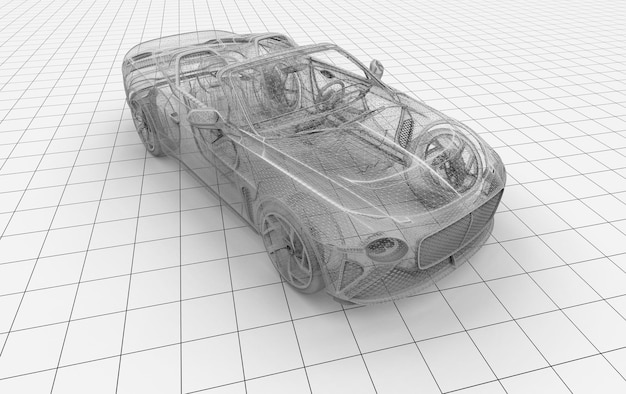 Automobile sportiva wireframe generica senza marchio su una piattaforma metallica