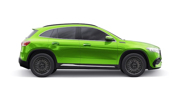 Automobile SUV elettrica innovativa della famiglia verde su sfondo bianco rendering 3d