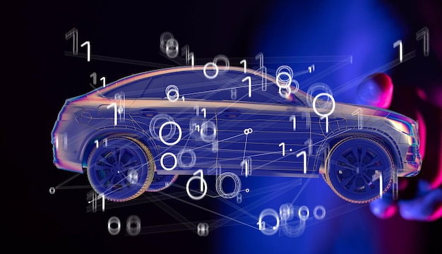 Autonomous car with HUD graphic of Navigation system driving