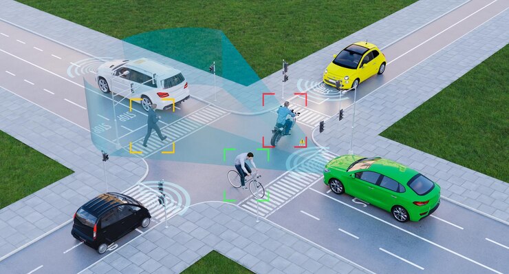 Autonomous electric cars with artificial intelligence self driving on metropolis road 3d rendering