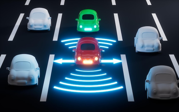 autonomous self driving car moving through highway autopilot and sensing systems 3d rendering