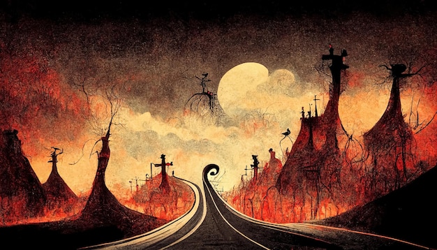 Autostrada apocalittica per l'inferno Illustrazione del concetto religioso della vita dopo la morte
