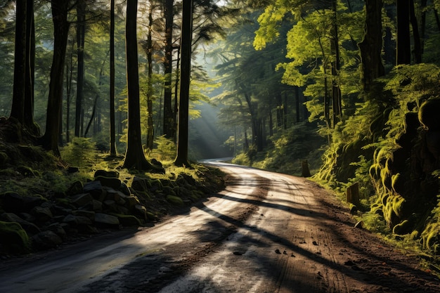 Autostrada attraverso una fitta foresta macchiata di luce solare AI generativa