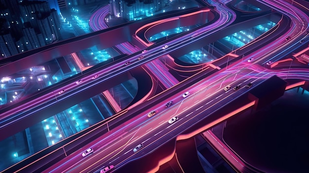 Autostrada con percorsi di luce del veicolo che conducono alla moderna notte illuminata paesaggio urbano moderno Illustrazione futuristica delle tecnologie future IA generativa