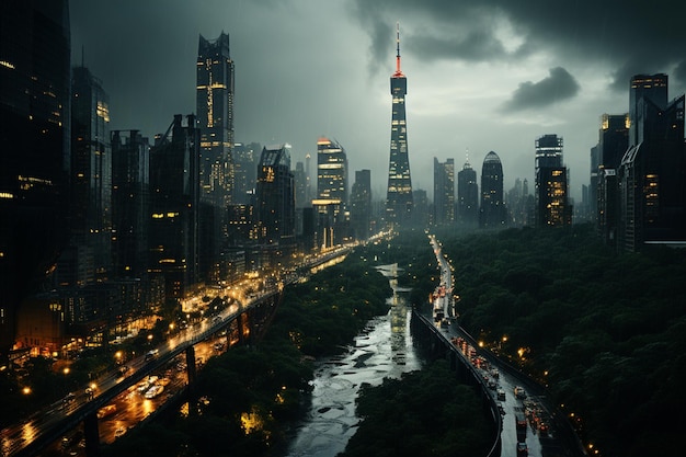 autostrada della metropoli in una giornata piovosa di notte vista ariel