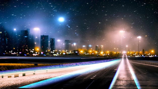 autostrada di notte, luce della città sfocata riflessione sulla strada dell'orizzonte cielo stellato e luna notte