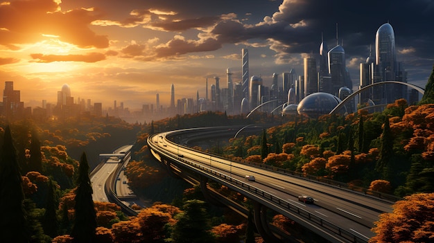Autostrada e cavalcavia nella tecnologia futuristica della grande città