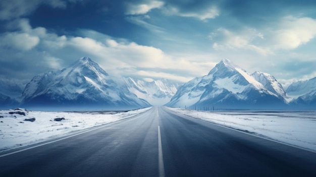 Autostrada invernale che porta alle montagne innevate Viaggio in inverno Bellissimo paesaggio con catene montuose