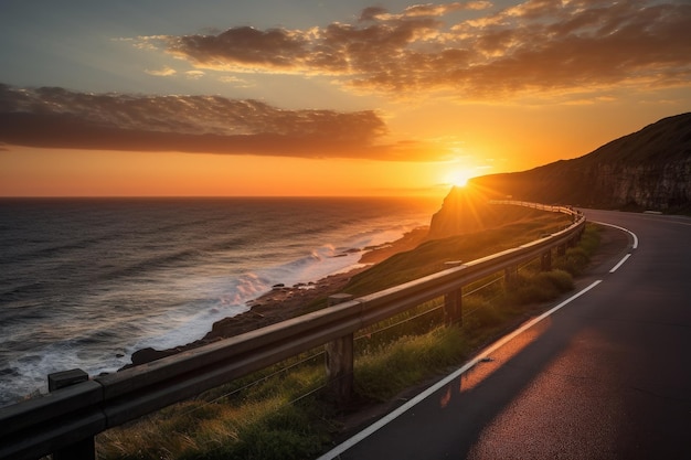 Autostrada panoramica con vista del tramonto all'orizzonte creata con l'IA generativa