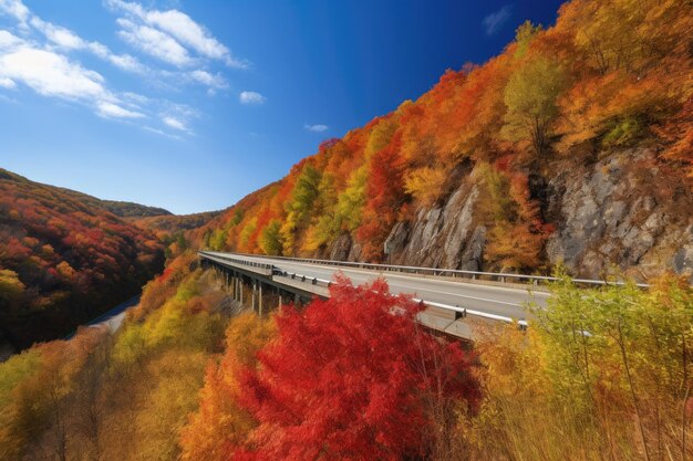 Autostrada panoramica in autunno con vivace fogliame rosso e giallo creato con intelligenza artificiale generativa