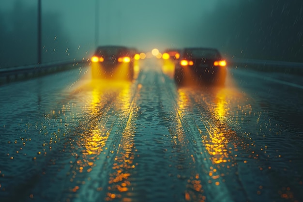 Autostrada piovosa con auto che si avvicinano