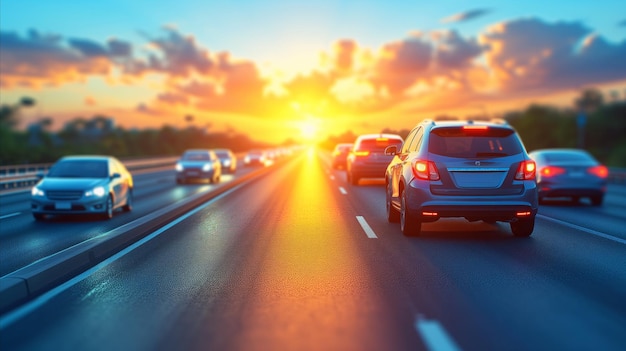Autostrada trafficata con auto che guidano al tramonto pendolarismo e concetto di viaggio
