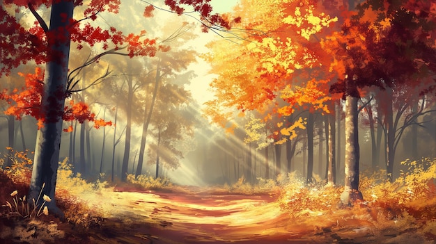 Autumn Woodland Forest sullo sfondo con alberi ispirati agli anime
