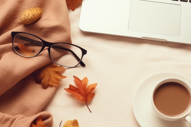 AutumnInspired Desk Setup Vibe accoglienti con occhiali portatile coperta da caffè e altro ancora