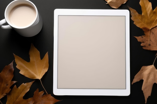 AutumnInspired Workspace Aesthetic Flat Lay con Tablet Notebook Caffè e candela Emphasizin