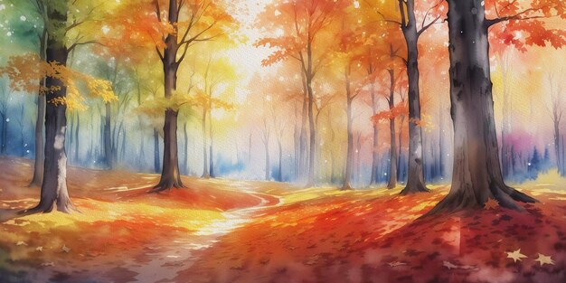 Autunno Acquerello Arte Digitale Cammino mistico nella foresta multicolore