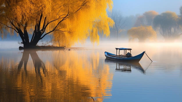 Autunno alberi e barca kit di pittura paesaggio pittura immagine Ai generato arte