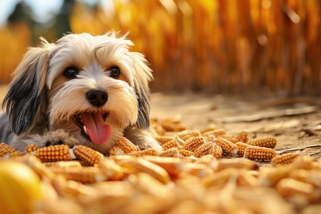 Autunno all'aperto Cucino carino che annusa Halloween caramelle mais feno bale enfatizzando la sicurezza degli animali domestici Halloween cane