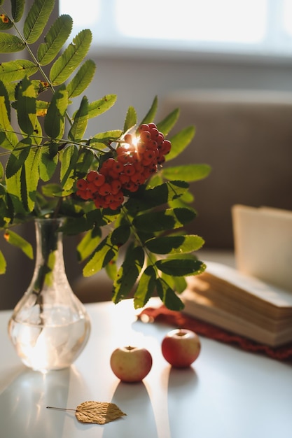 Autunno ancora in vita con sorbo e mele su un tavolo in un accogliente interno domestico