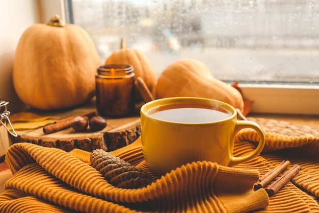 Autunno ancora in vita sul davanzale Tazza di tè zucche e candela