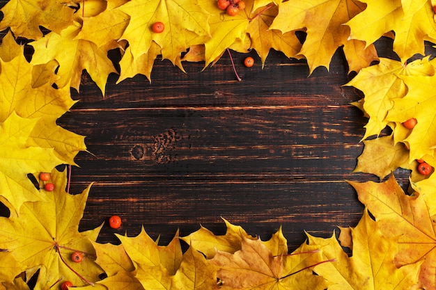 Autunno di foglie su legno scuro