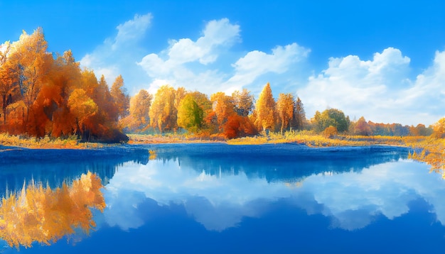 Autunno dorato nella foresta in riva al lago e al cielo blu delle nuvole
