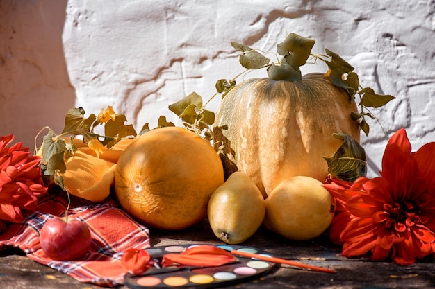 Autunno estetico giusto giallo frutta e verdura e vernici luminose con un pennello zucca pere mela e melone Giorno del Ringraziamento concetto Autunno natura morta con ombre moderne rosse di georgine