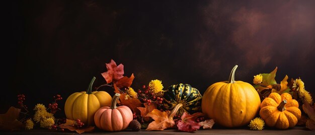 Autunno festivo e decorazione felice del Ringraziamento da zucche bacche e foglie Ai Generato