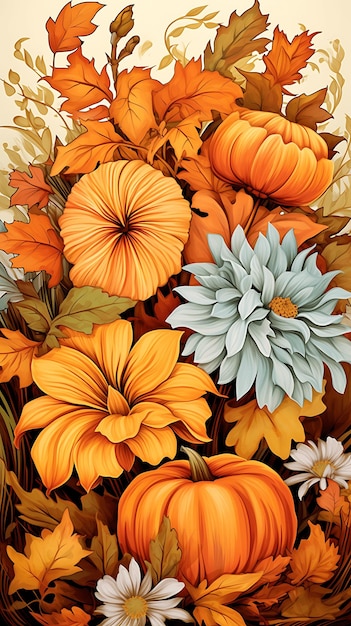 Autunno Fiore Autunno Sfondo di zucca Bellissimo motivo disegnato a mano per il Ringraziamento senza soluzione di continuità con le zucche