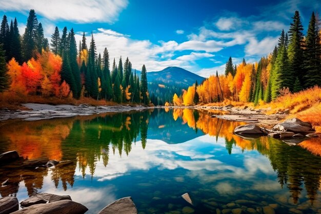 Autunno foresta riflessa nell'acqua Mattina d'autunno colorato in montagna