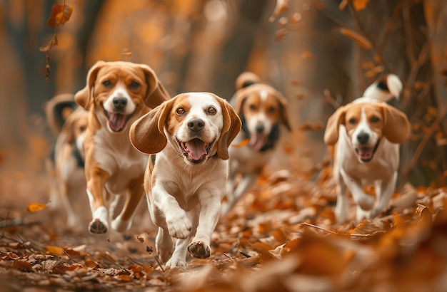 Autunno gioioso Un branco di beagle che scappa gioiosamente tra le foglie cadute AI generativa