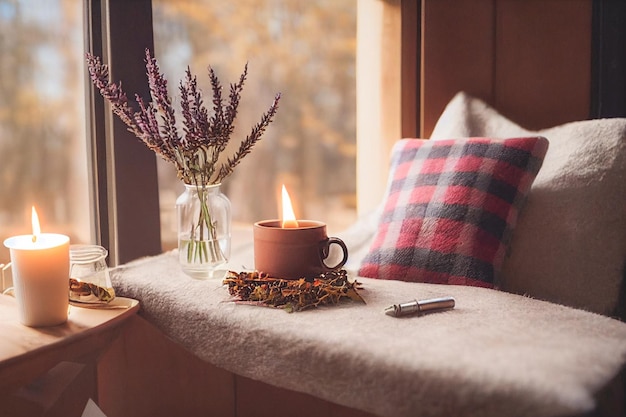 Autunno hygge arredamento per la casa concetto di hygge e intimità che brucia candela profumata bianca