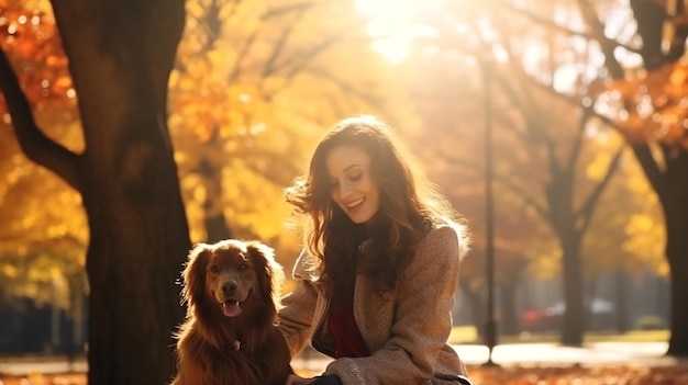 Autunno nel parco cittadino la donna cammina e gioca con le foglie gialle di cane spaniel felice cadono giornata di sole d'oro