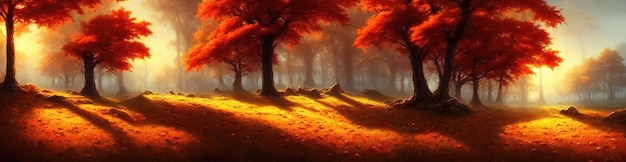 Autunno nella foresta fogliame giallo arancio sugli alberi Mattina nel parco dei grandi alberi illustrazione 3d